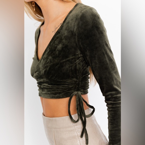 Velvet Wrap Olive Long Sleeve Top - Picture 3 of 13